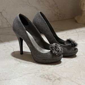 Gray High Heel Pumps with Faux Fur Accent